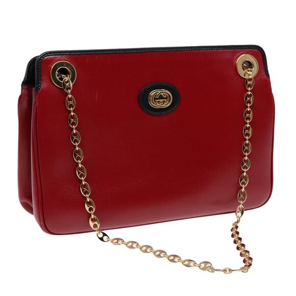 GUCCI Chain Shoulder Bag Leather Red Gold - Picture 1 of 16